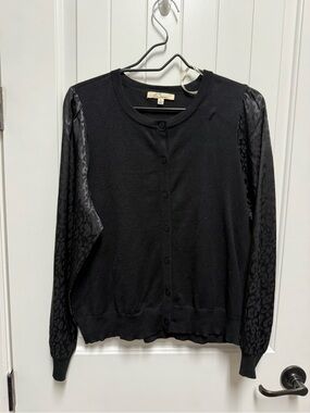 Black Button-Front Cardigan with Leopard/Cheetah Patterned Satin Sleeves